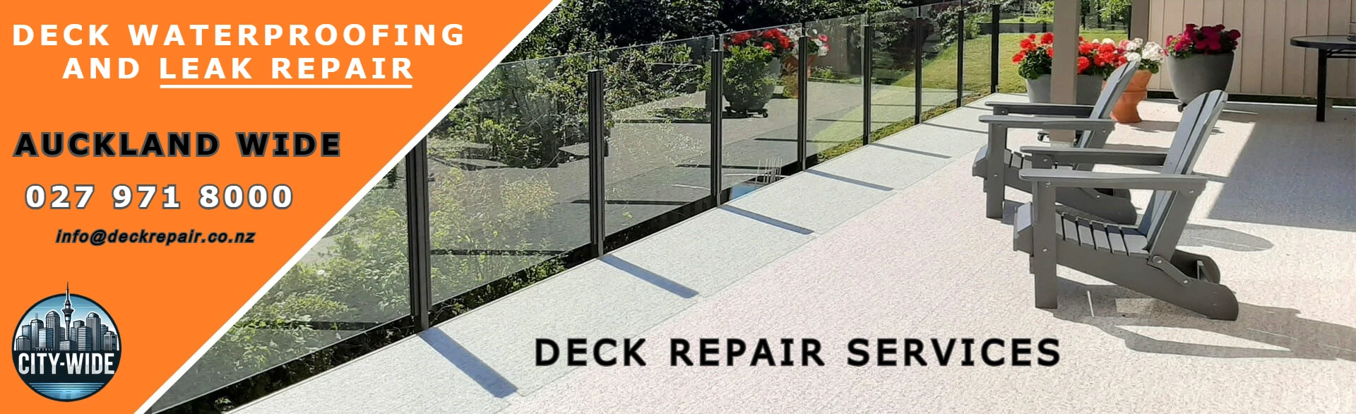 Deck leak repair services in Auckland. When your deck is leaking, has soft spots, or areas that need attention, don’t wait to get your deck repaired! Costs of water ingress and rot damage increase fast when left unattended. Get an expert out to take a look and let you know your best course of action.
